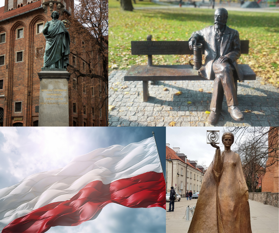 Trzy pomniki postaci ludzkich w różnych lokalizacjach. Flaga Polski.